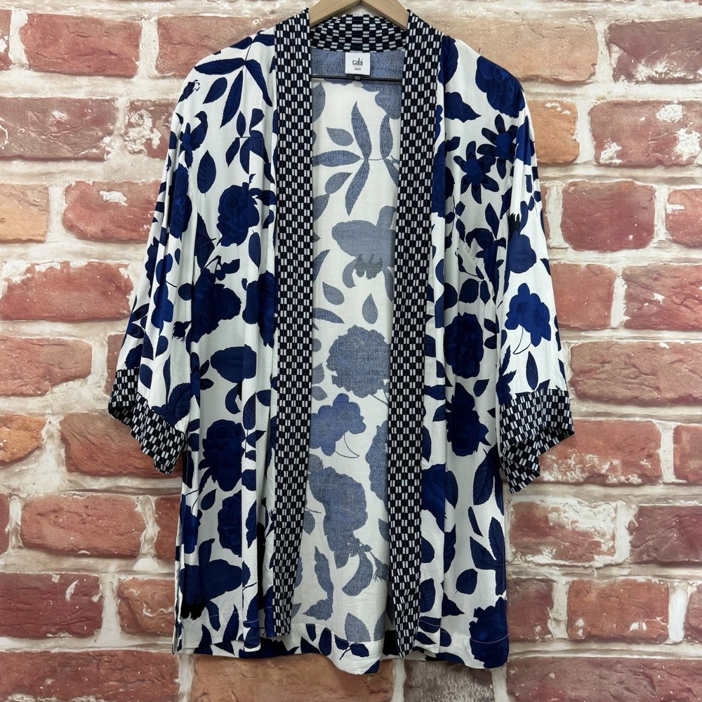 CAbi Kimono Shrug Top Womens XS/S Blue Boho Garden Floral Checker Bordered Trim